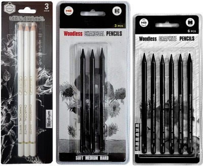 ChiggiWiggi 3 Black Woodless and 3 White Charcoal Pencil Set and 6 Woodless Graphite Pencil