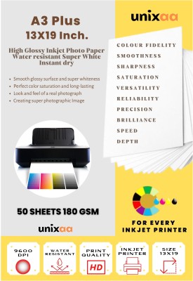 UNIXAA 180 GSM High Glossy Inkjet Photo Paper A3 Plus (13X19 IN) (50 Paper Sheet White)