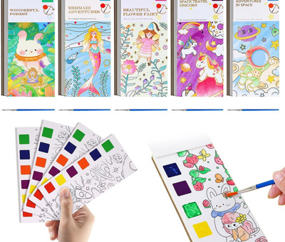 ARBTOYS (2Pc) Random Print Cartoon Painting Pad with Brush Watercolor Pallets(10 Pages)