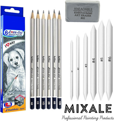 mixale Artline Love-Art Sketch Pencil, 6Pc Blending/Smudging Stump & Kneadable Eraser