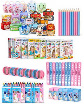 Bouncy Bright 84 Pcs Kids Stationery Art Combo Set with Pouch, Coloring Books & Crayons