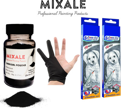 mixale Drawing Charcoal Powder With Sketching Glove & Artist's Graphite Pencils Combo