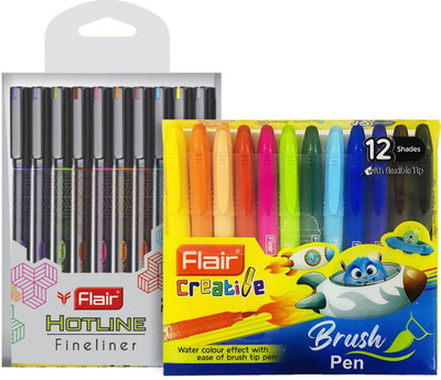FLAIR Creative Series 10 Shades Hotline Fineliner & 12 Shades Brush Pen Art Combo Pack