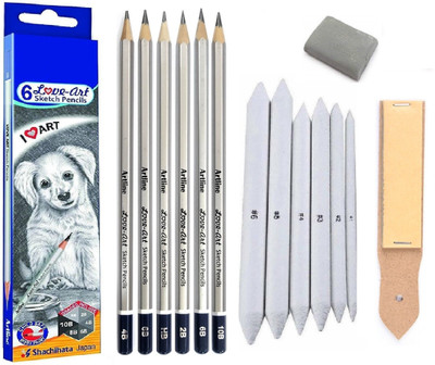 TouchCool Artline Love-Art Sketch Pencil, 6Pc Blending/Smudging Stump, Eraser & SandPaper
