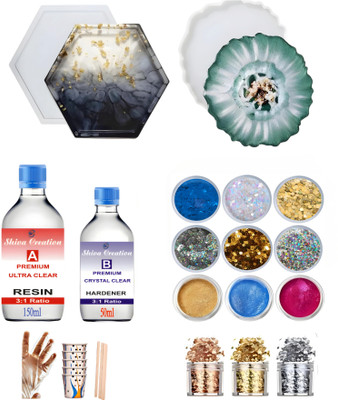 Shiva Creation Hexagonal & Agate coster kit with premium Resin(200ml) ,gilter mica art kit