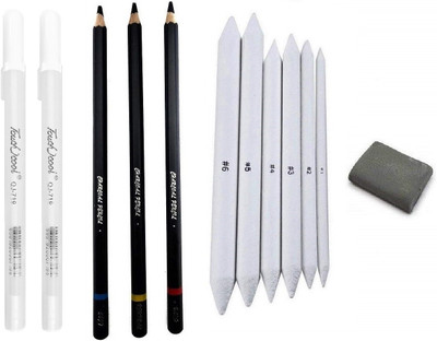 Definite 3 X Camlin Charcoal Pencil, 2 X White Pen, 6 X Blending Stump & Kneadable Eraser