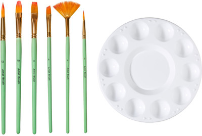Craftacious Art 6pc Cruelty Free Nylon Painting Brush Set + Round Plastic Palette