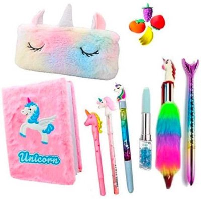 cutetoys Unicorn Combo 12Pcs Fur Diary ,Pouch/Pencil/Water, Fur Pen/Fruit Eraser Gift Set