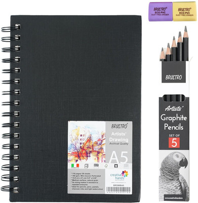 BRuSTRO Graphite Pencil Set of 5 With A5 Wiro Sketchbook and ECO PVC Erasers-2 Pcs