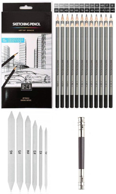 Definite Art 24pc Sketch/Drawing Graphite Pencil + 6pc Paper Stump + 13cm Pencil Extender