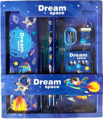 TINZORI Dream Space Theme 12 pc Stationery Set with Eraser Colour Scale Pencil Box