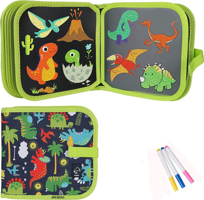 PRAYOSHA ENTERPRISE Erasable Doodle Book Magic Drawing Book with 4 Pages 5 Markers Green Dinosaur