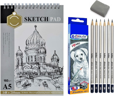 Definite Artline 6pc Sketch Pencils, Kneadable Eraser & A5 Spiral Pad 160 GSM (24 Sheets)