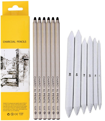 TouchCool Art 6Pcs Natural Soft Dark Charcoal Pencil + 6Pcs Paper Blending/Smudging Stumps