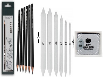 Da Novira Graphite 6 Shading Pencils with Blending Paper Stumps,1 Kneadable Art Eraser_05