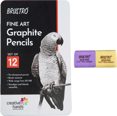 BRuSTRO Artist Fineart Graphite Pencil,Set of 12 WIth ECO PVC Dust Free Eraser-Pack of 2