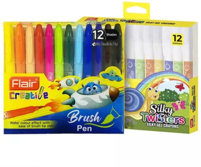 SunriseTrading Flair Presents 12 Bright Shades Multicolor Brush Pen & 12 Gel Crayons Combo