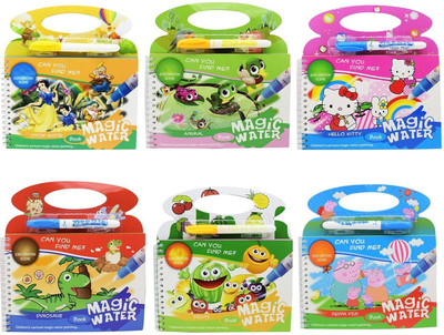 Asera Mixed Cartoon Theme Reusable Water Painting Book Drawing Board for Kids (6 Pcs)