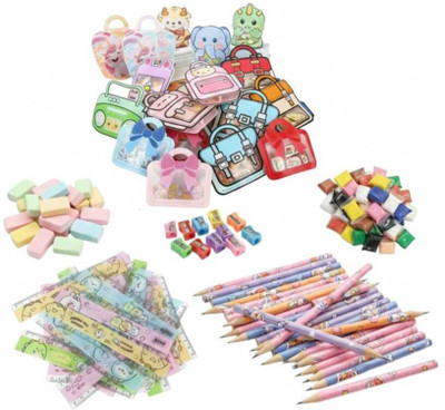 Bouncy Bright Cute Cartoon Art & Stationery Return Gift Combo | 72 Pcs (12 Sets) for Kids