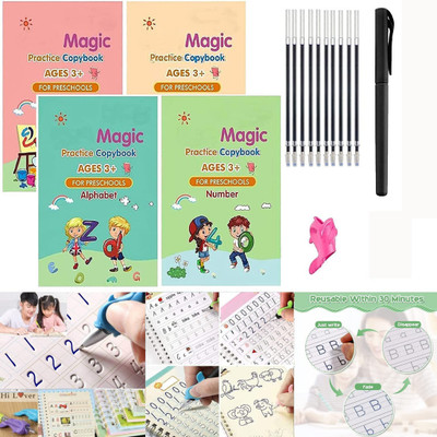 Bloombec 4 PCS Sank Magic Practice Book Magic practice book for kids Calligraphy Copybook