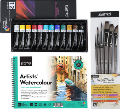 BRuSTRO Artists Gouache Colour Set of 12 With VelveTouch Brushes and A5 Watercolour Pad
