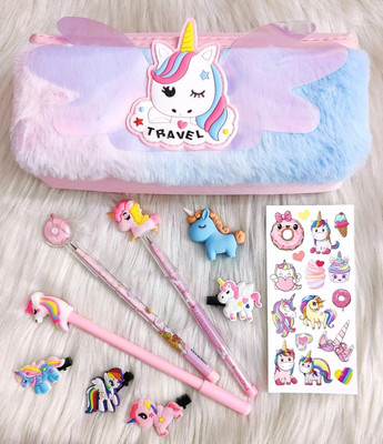 AMANVANI Unicorn Fur Pouch with Stationery, Unicorn School Stationery Set