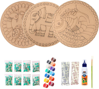 decordial Madhubani folk Art Materials kit with colours, mirrors clay tools