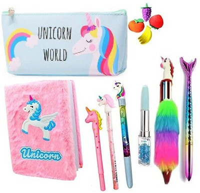 AAPEFLEX Unicorn Combo12 Pcs Fur Diary/ Pouch/Pen/Pencil/Fruit Eraser/Fur Pen Gift Set