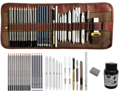 TouchCool Artist 34 Pcs Sketching Pencils with Canvas Rolling Pouch & 30gm Charcoal Powder