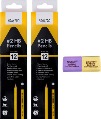 BRuSTRO HB Extra Dark Pencil (Pack of 2) With ECO PVC Dust-Free Eraser (Pack of 2)