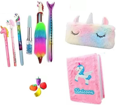 MINDFIT Pack of Pink Unicorn Diary, Unicorn Pen, Pouch, Mini Vegetables, Best Gift