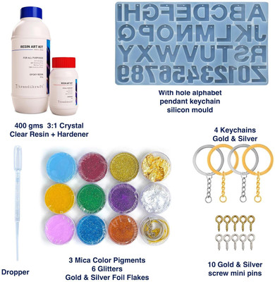 TRENDIKRAFT Epoxy 400g Alphabet Keychain Kit with Silicone Mould, Glitters (3:1 Ratio)