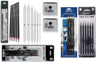 Da Novira Compressed Charcoal 18 Multiple Pencil Set for Sketching,Drawing & 2 Kneadable Eraser,Paper Stump_1 Stick(Pack of 1)