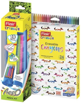 FLAIR Creative Series 10 Wooden Aero Pencil Kit & 24 Shades Erasable Crayons Art Combo