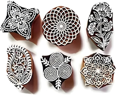 Reniq Wooden Hand Carved Mehandi/Textile Printing/Pottery Carft/Saree Border/Canvas Printing Blocks(Pack of 6)