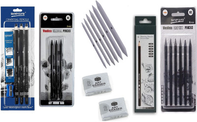 Da Novira Compressed Charcoal 18 Multiple Pencil Set for Sketching,Drawing & 2 Kneadable Eraser,Paper Stump_6 Stick(Pack of 1)