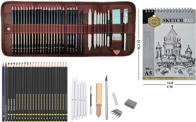 TouchCool 35pc Graphite Sketchin/Drawing Pencils Art Tool Kit Set + A5 Spiral Sketch Pad