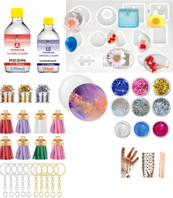 Shiva Creation Premium Resin(200ml) Art Kit With Mould, Keychain, Tessal & Glitter Pigment