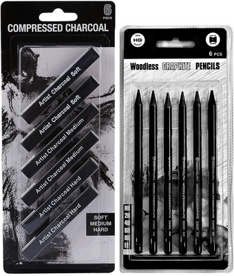 ChiggiWiggi 6 Compressed Charcoal Stick Set & 6 Woodless Graphite Pencil For Art & Sketching