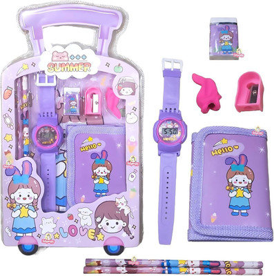 Tiny Tales 7 in 1 Stationery Gift Set for Kids Watch, Sharpener, Eraser 2 Pencils, Pouch