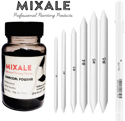 mixale Extra Dark Charcoal powder With White Paper Stumps & white Gel Pen For Artist