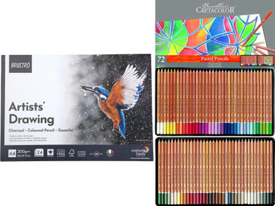 BRuSTRO Artist Drawing Glued Pad (200GSM,A4) With Cretacolor Art Pastel Pencil Set of 72