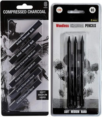 ChiggiWiggi 3 Black Woodless Charcoal Pencil & 6 Compressed Charcoal Stick for Art & Shading