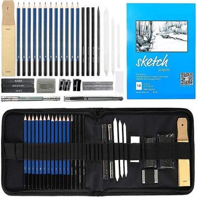 Qatalitic 35 Pcs Art Sketching Kit Graphite & Charcoal Drawing Pencil Set with Zipper Case