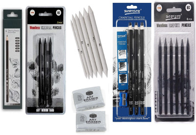 Da Novira Compressed Charcoal 18 Multiple Pencil Set for Sketching,Drawing & 2 Kneadable Eraser,Paper Stump_8 Stick(Pack of 1)
