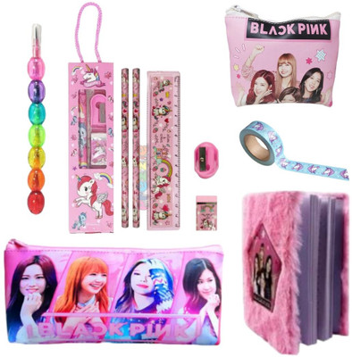 Prezzie Villa 10pcs Black Pink School Stationery Set - Pocket Diary, Pencils, Pouches & Tape