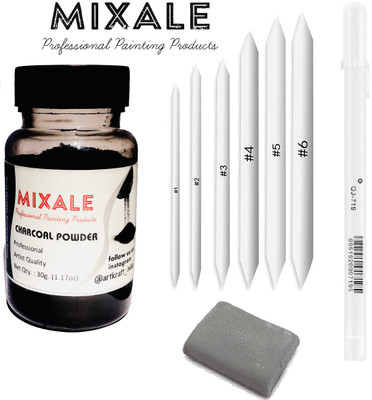 mixale Extra Dark Charcoal powder Blending stumps & white pen or Kneaded Eraser