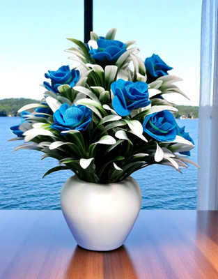 oms Artificia Velvetl Flower Pot Apple Shaped for Your Home Decoration White, Blue Rose Artificial Flower  with Pot(22 cm, Pack of 1, Flower with Basket)