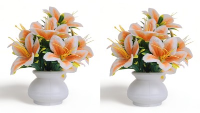 KanRaj Orange Lily Artificial Flower  with Pot(6 inch, Pack of 2, Flower with Basket)