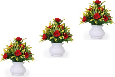 KanRaj Artificial Flowers with Pot set of 3 Red Wild Flower Artificial Flower  with Pot(6 inch, Pack of 3, Flower with Basket)